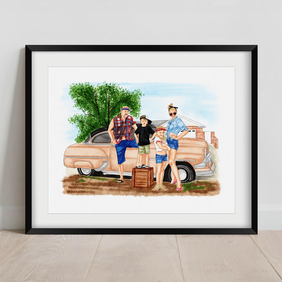 Custom Family and Dog Portrait in Green Park Watercolor Poster - Image 2
