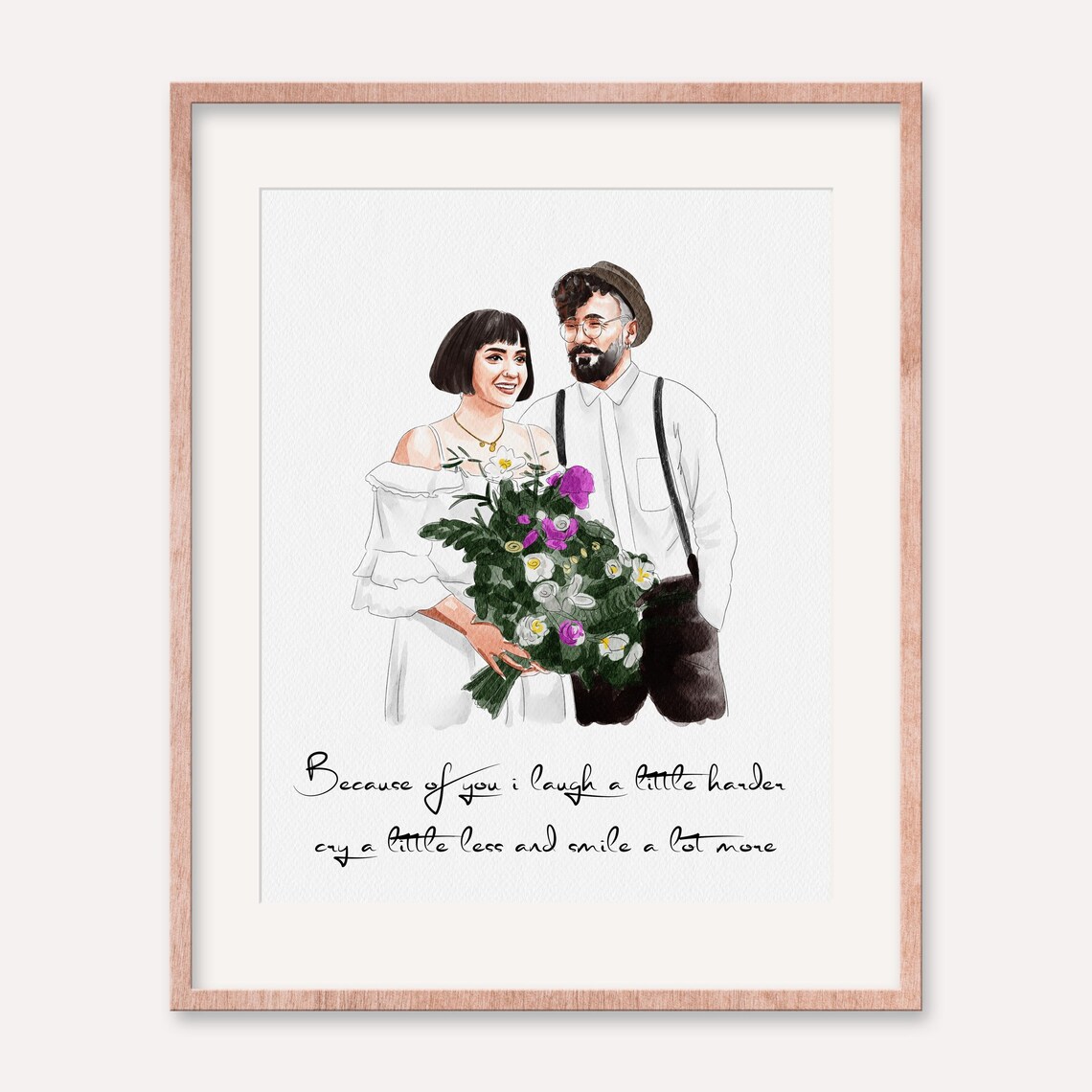 Because of You Love Quote Couple Watercolor Portrait Poster Gift