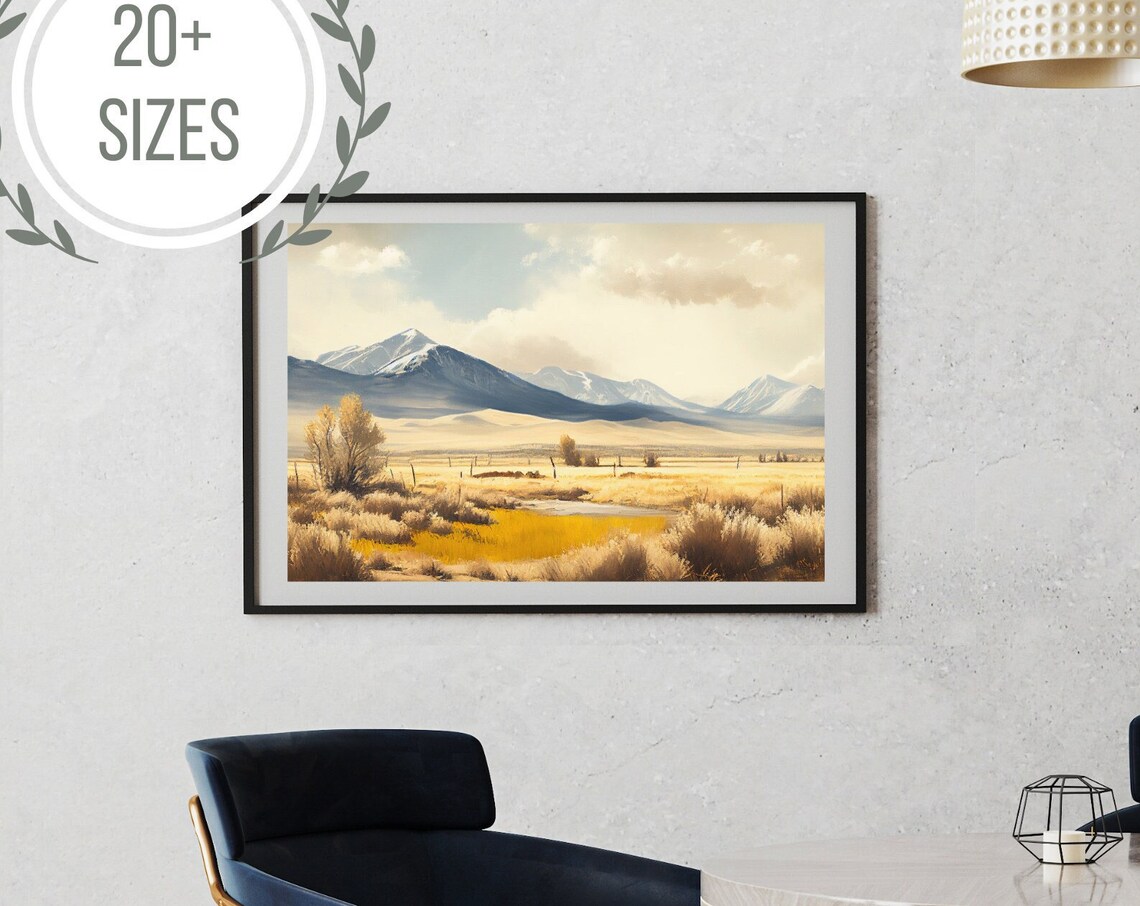 Snow Capped Mountain Valley Golden Field Watercolor Art Poster