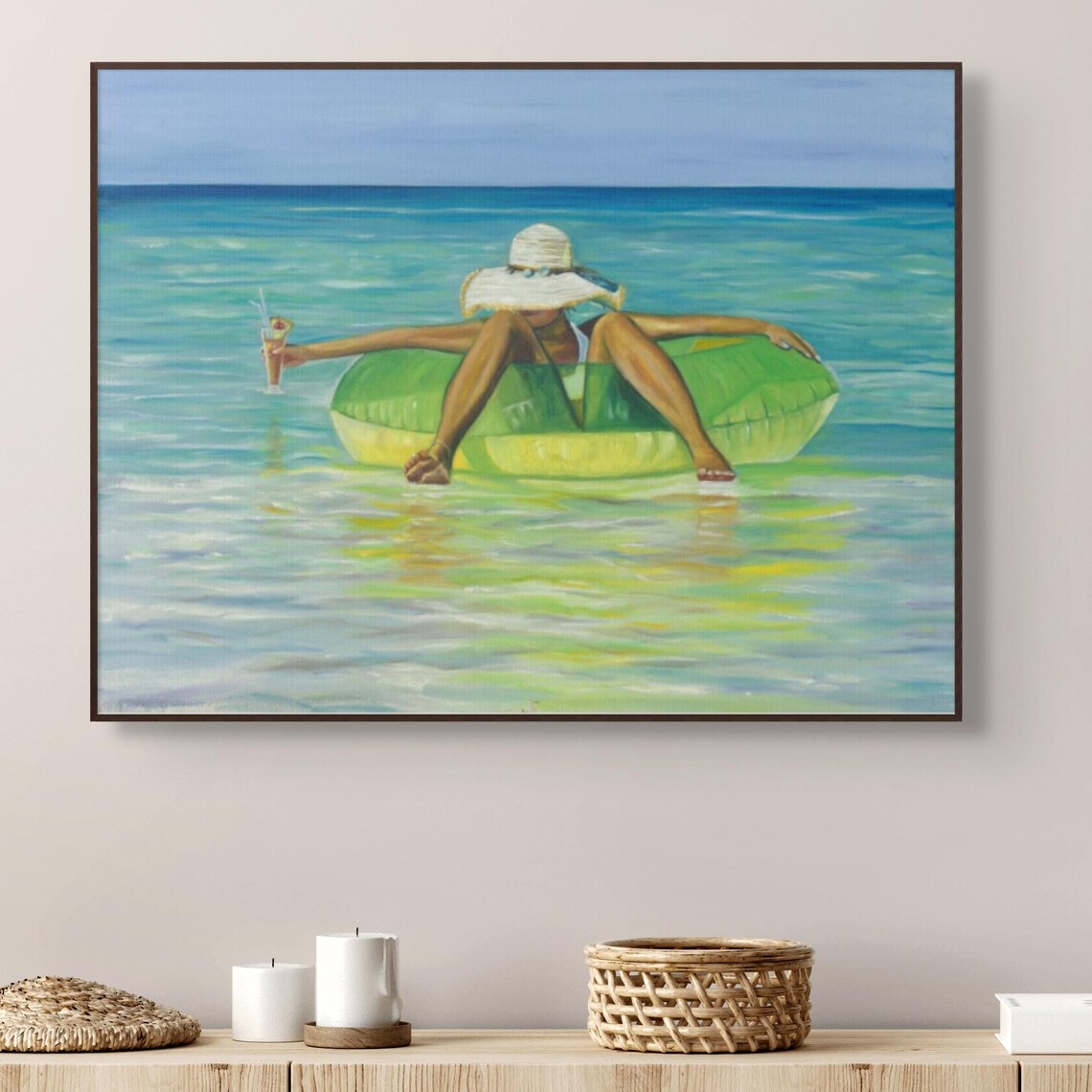 Woman Floating Green Inflatable Ring Turquoise Ocean Summer Poster - Image 4