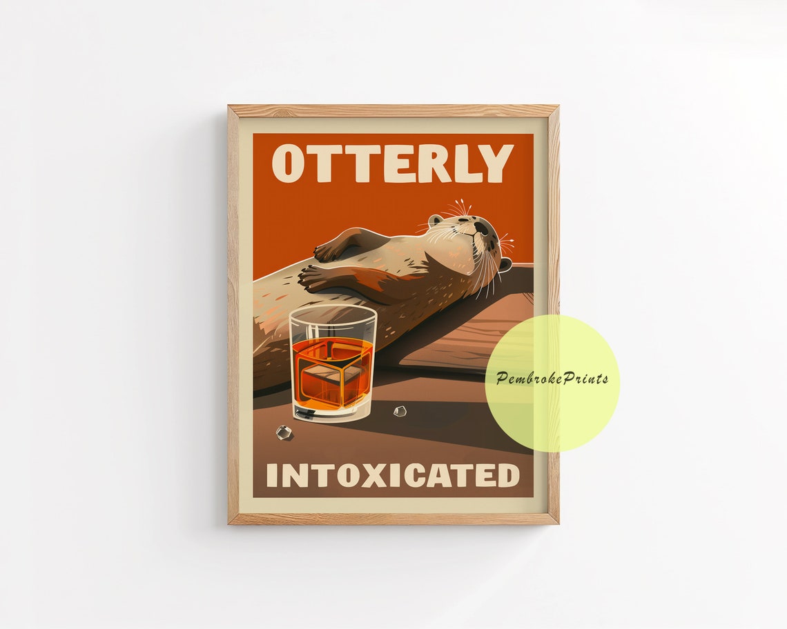 Funny Drunk Otter, Whimsical Bar Wall Art Print - Image 2