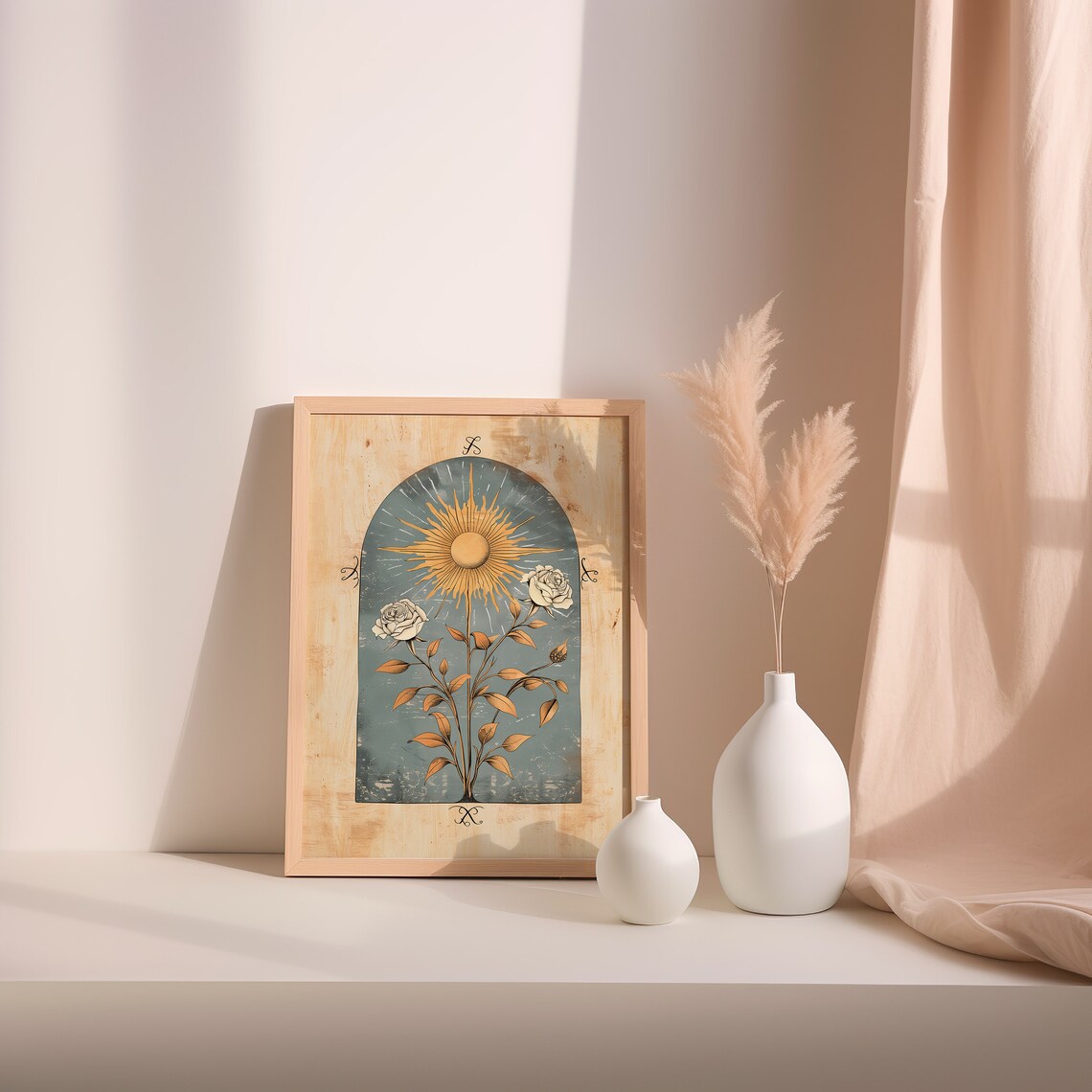 Blue Sun Norse Folk Art Botanical Art Print - Image 4