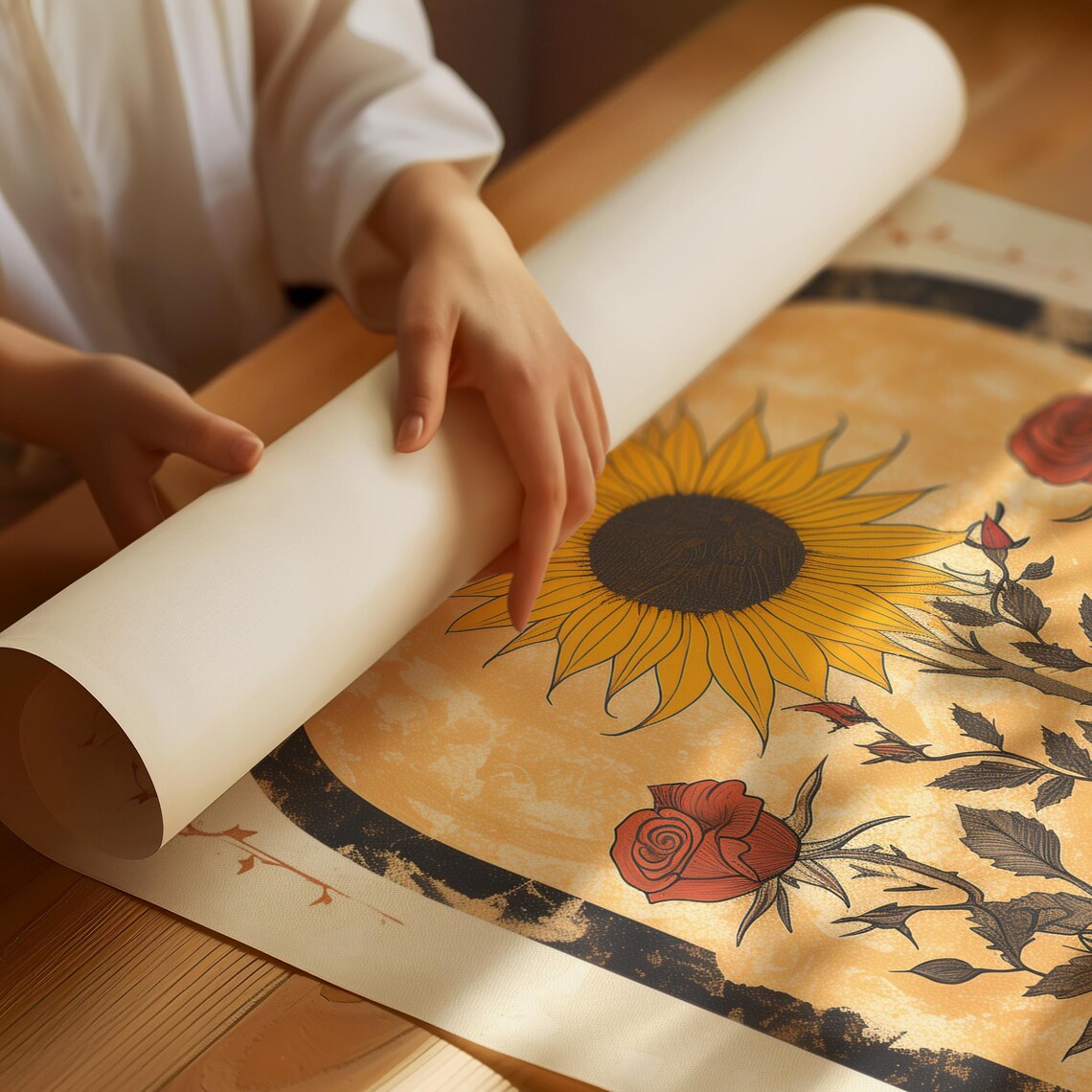Sunflower and Roses Boho Folk Art Poster Print - Image 2
