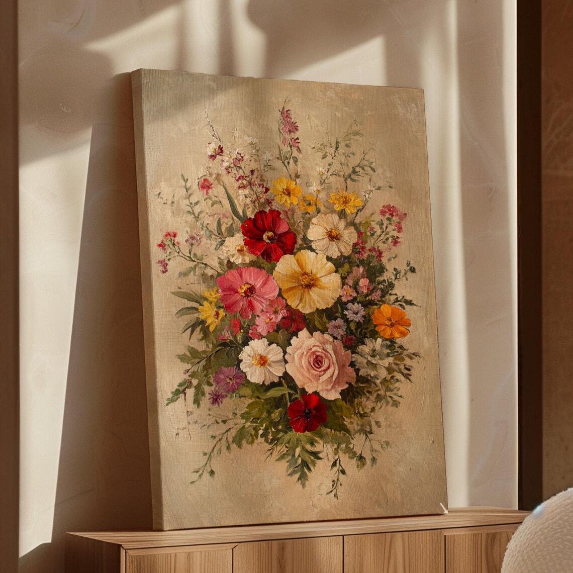 Blush Rose Cosmos Wildflower Bouquet Sunlit Vintage Floral Poster