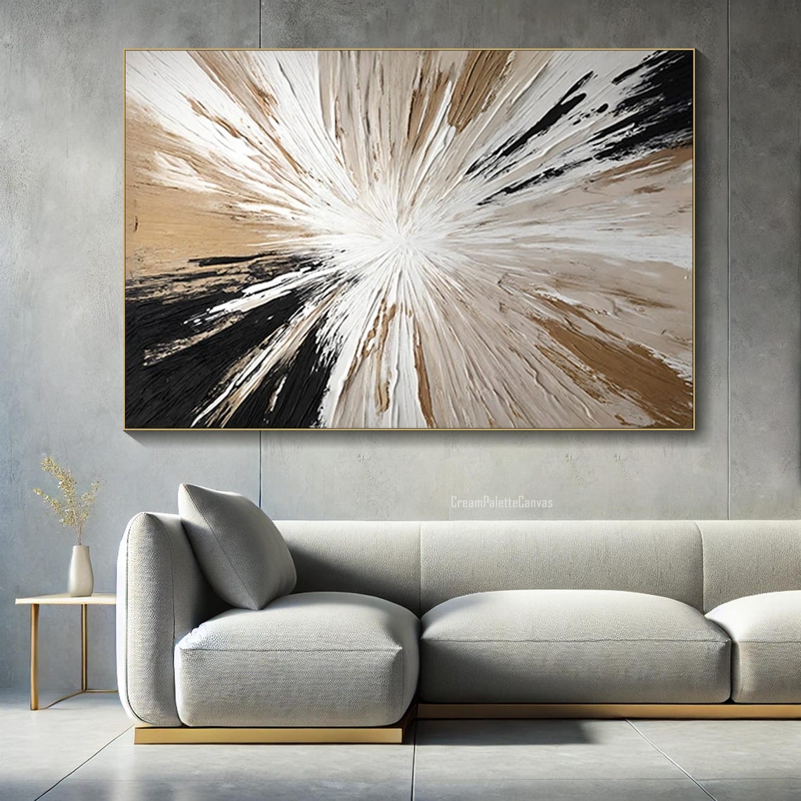 Black White Tan Starburst 3D Textured Abstract Oil Painting Wall Art - Image 3