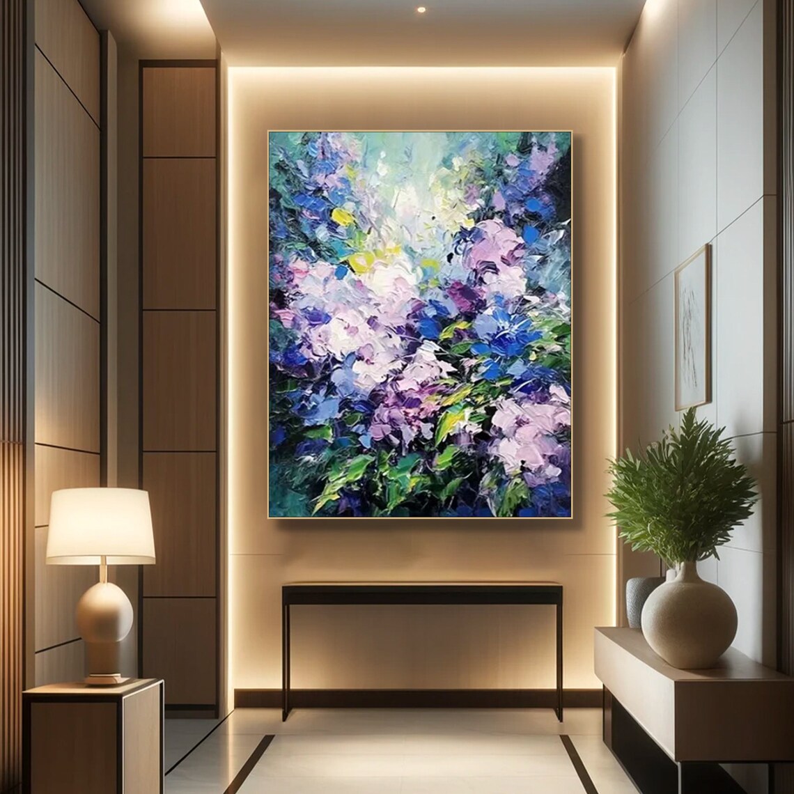 Purple Blue Abstract Floral Bouquet Textured Oil Painting Wall Art - Image 2