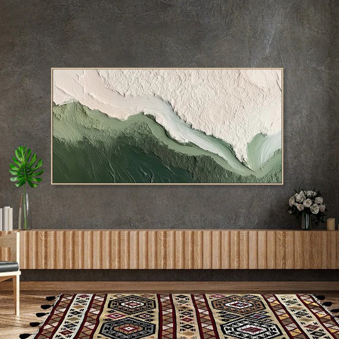 Ocean Wave Green Texture Abstract Oil Painting Art - Image 2