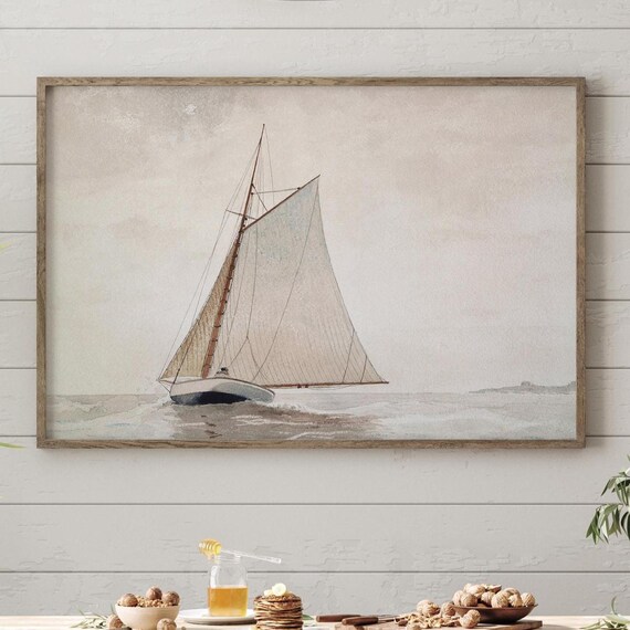 Solitary Sailboat Vintage Watercolor Coastal Sailing Artwork Poster