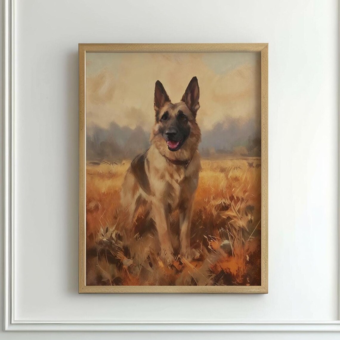 German Shepherd Rustic Oil Painting in Golden Wheat Field Print