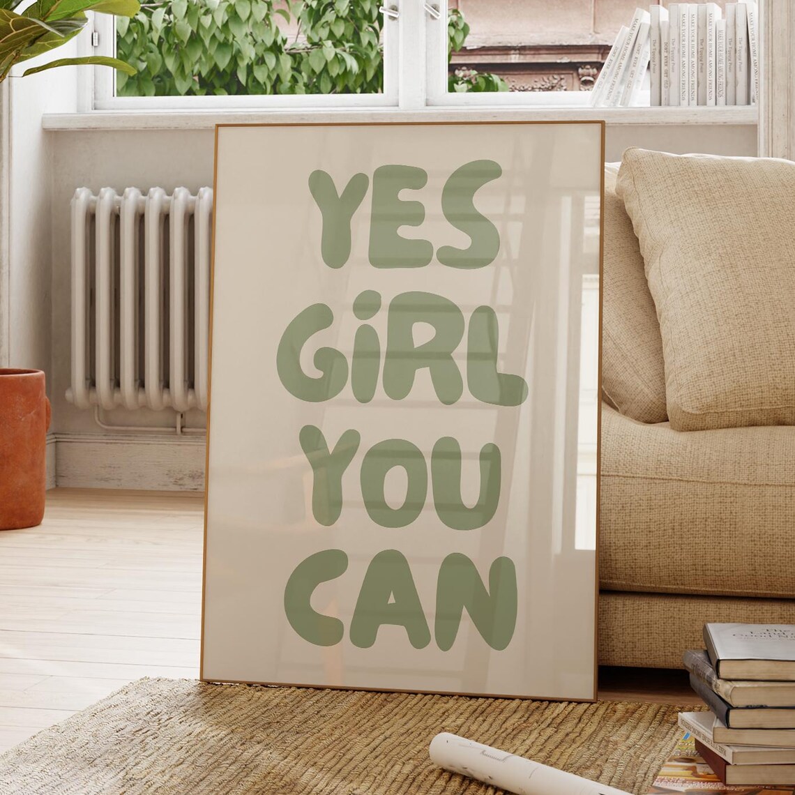 Yes Girl You Can Sage Green Motivational Quote Art Print
