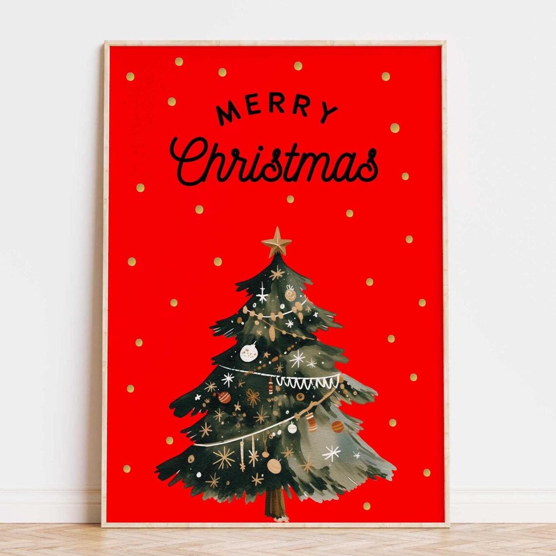 Black Merry Christmas Script Red Watercolor Tree Holiday Poster
