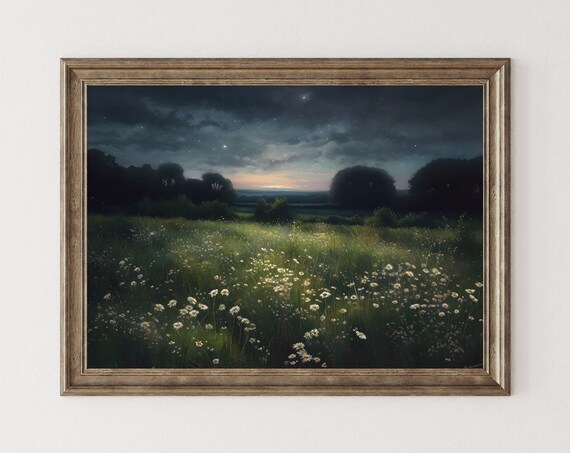 Nightscape Wildflower Landscape Art Print, Cottagecore