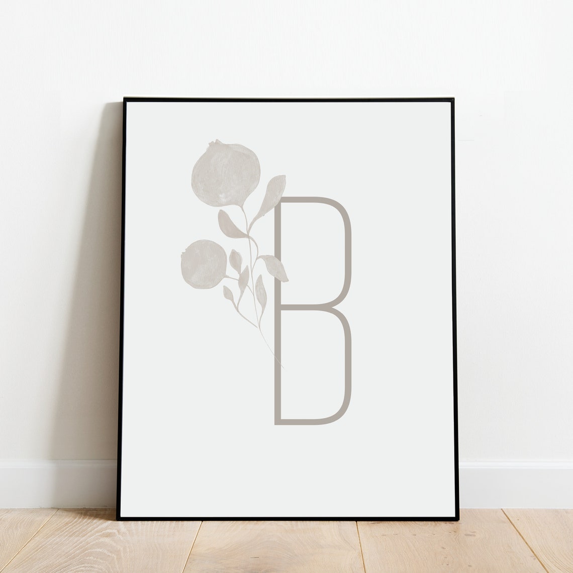 Letter B Botanical Initial Print with Soft Gray Leaf Sprig Artwork - Image 3