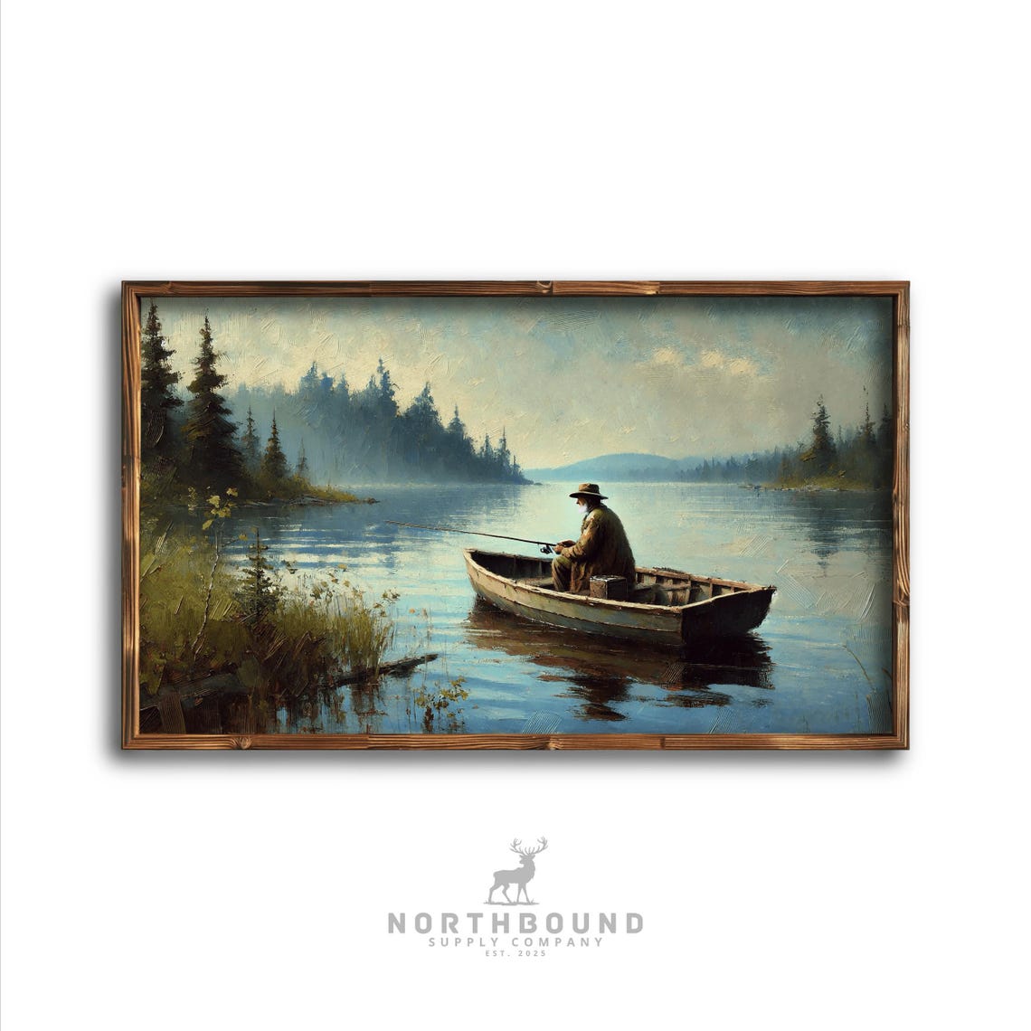 Fishing Art Print Northern Lake Scene Old Man Fishing Painting Rustic Cabin Decor Tranquil Nature Wall Art Boat Artwork