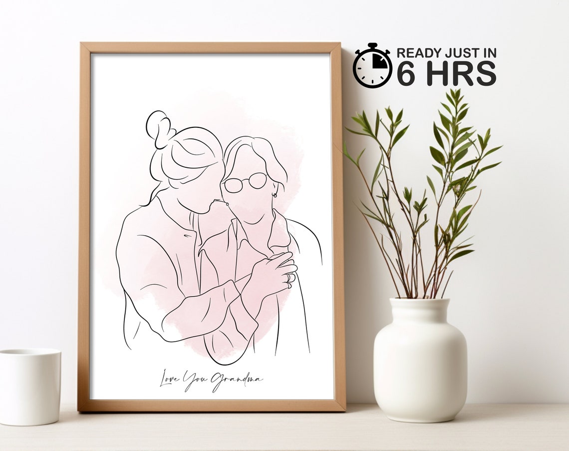 Custom Grandma Embrace Line Art Portrait Poster with Blush Wash