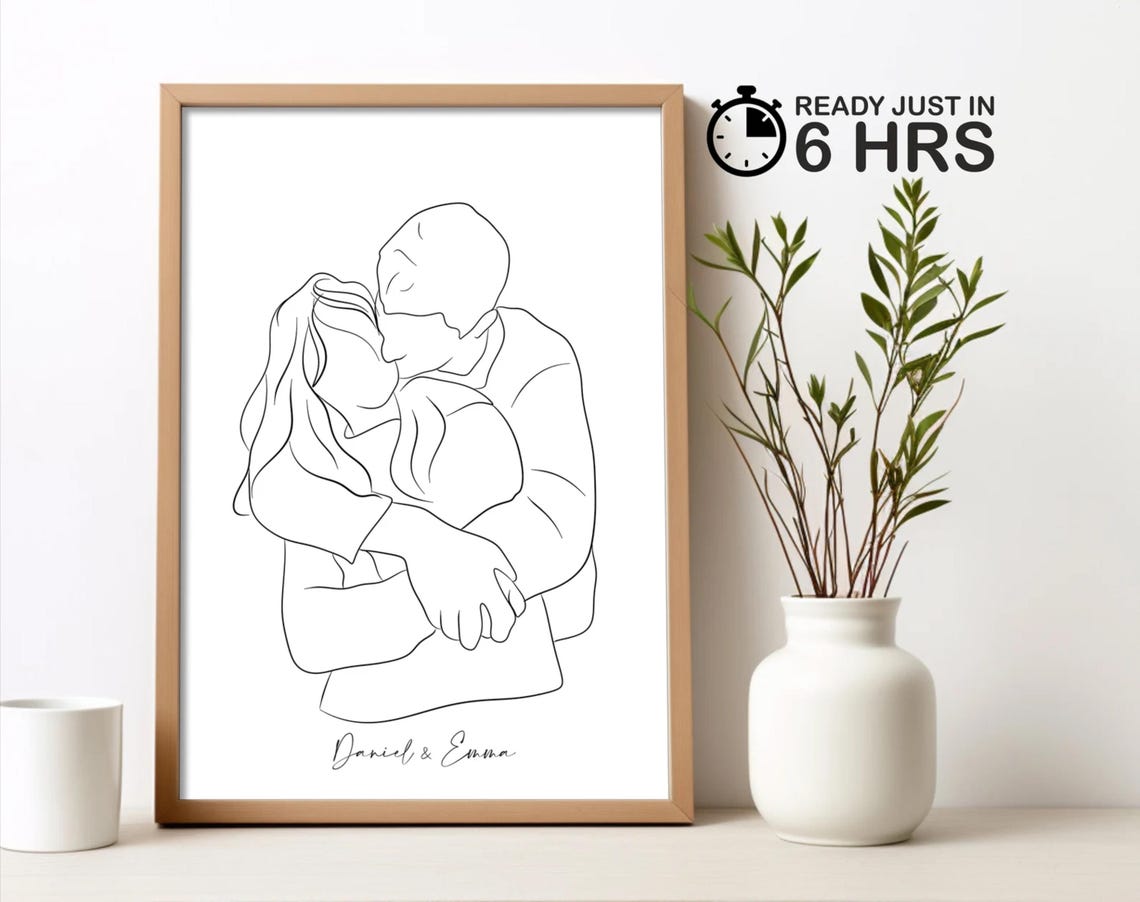 Custom Embracing Couple Line Art Portrait Poster with Scripted Names