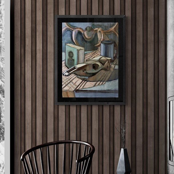 Deer Antlers Cow Skull Oil Painting Dark Academia Rustic Wall Art