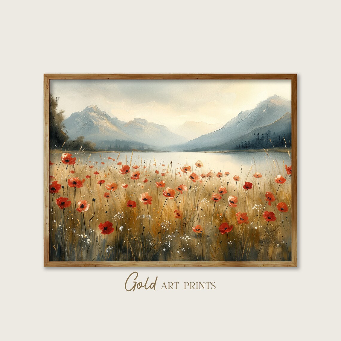Red Poppy Meadow Misty Lake Blue Mountains Vintage Landscape Poster