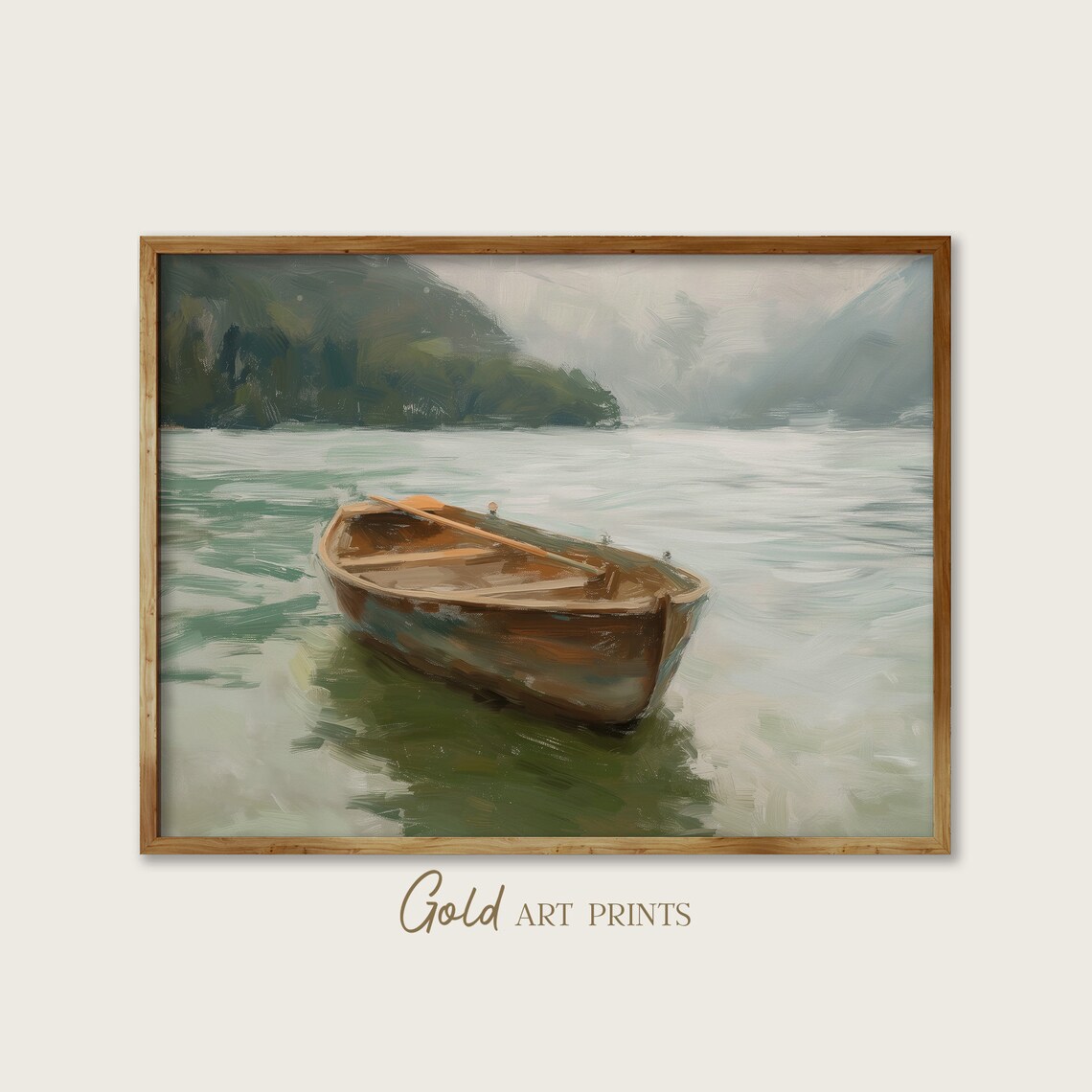 Wooden Rowboat On Misty Lake Forested Hills Serene Waterscape Poster
