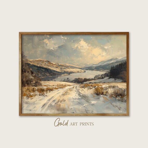 Snowy Winter Meadow Path To Frozen Lake Pines Vintage Landscape Poster
