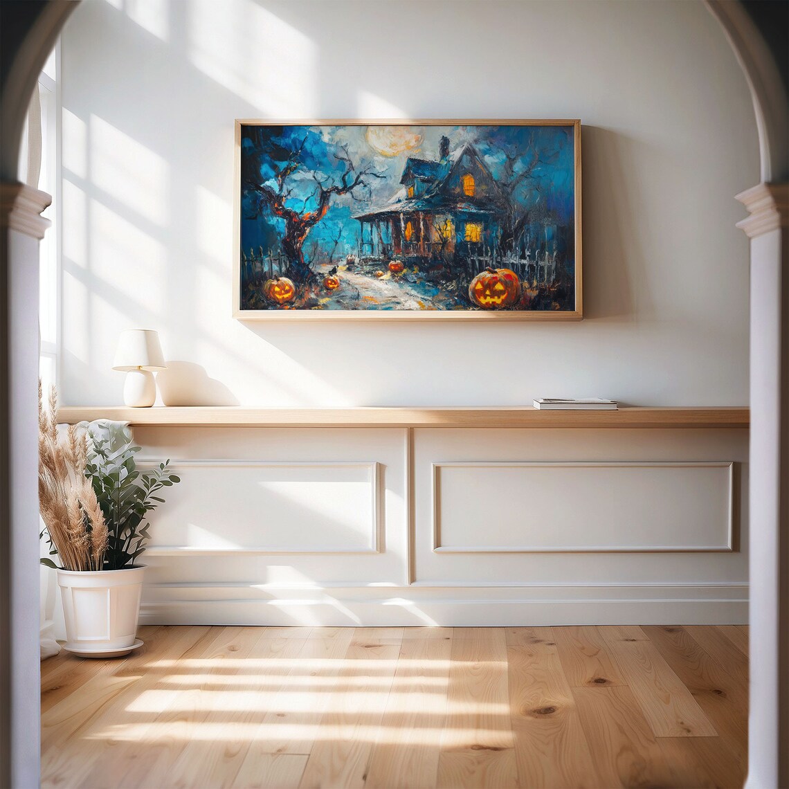 Haunted Halloween House Under Full Moon Pumpkin Night Oil Painting Poster - Image 2