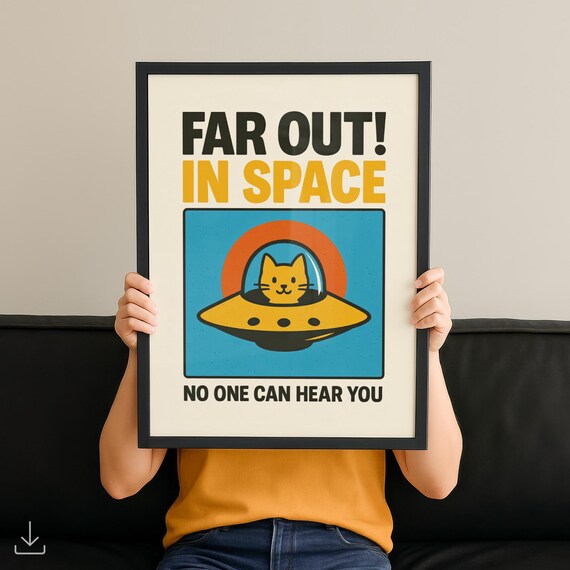 Far Out In Space Cat UFO Funny Retro Cartoon Astronaut Cat Poster