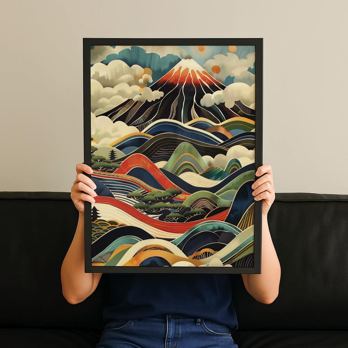 Mount Fuji Red Peak Abstract Japanese Waves Clouds Art Print