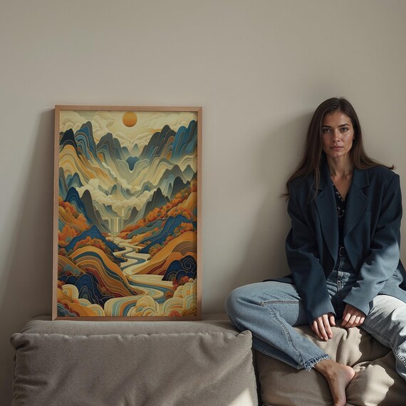 Japandi Mountain Lake Print Neutral Wabi Sabi Wall Art