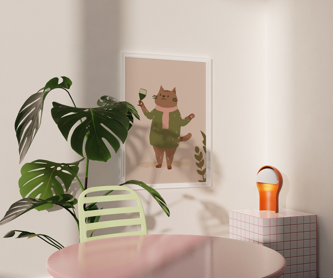 Funny Wine Cat Green Sweater Hand Drawn Cartoon Kitten Poster - Image 3