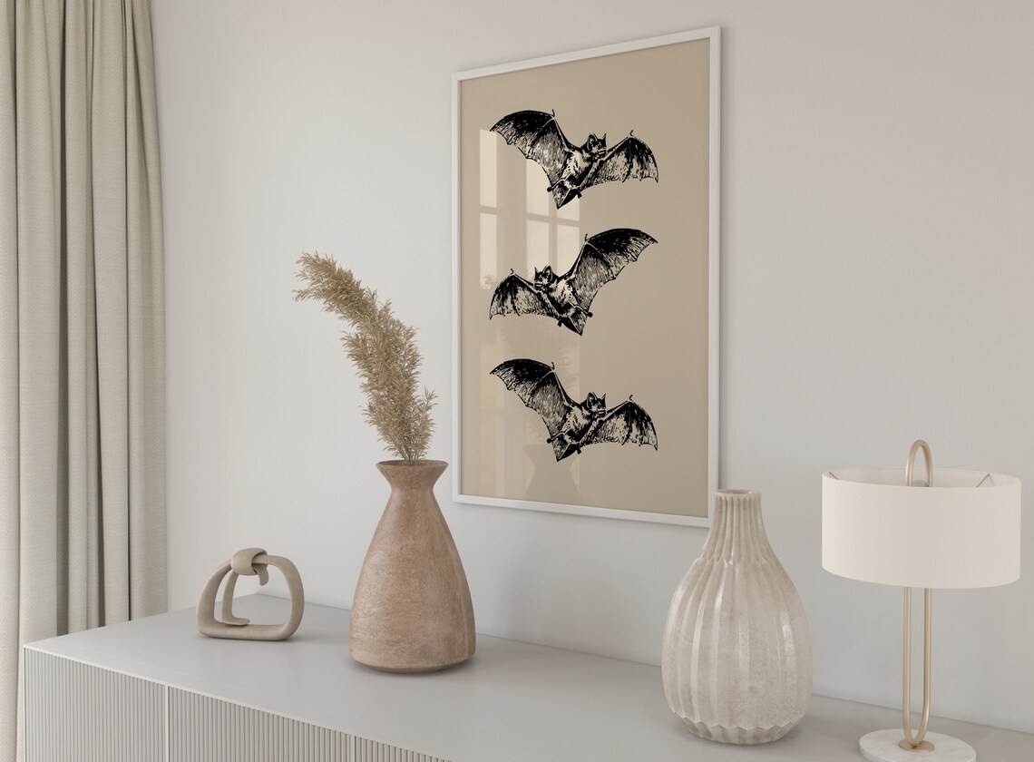 Vintage Engraved Bats Trio Beige Dark Academia Halloween Art Poster - Image 3