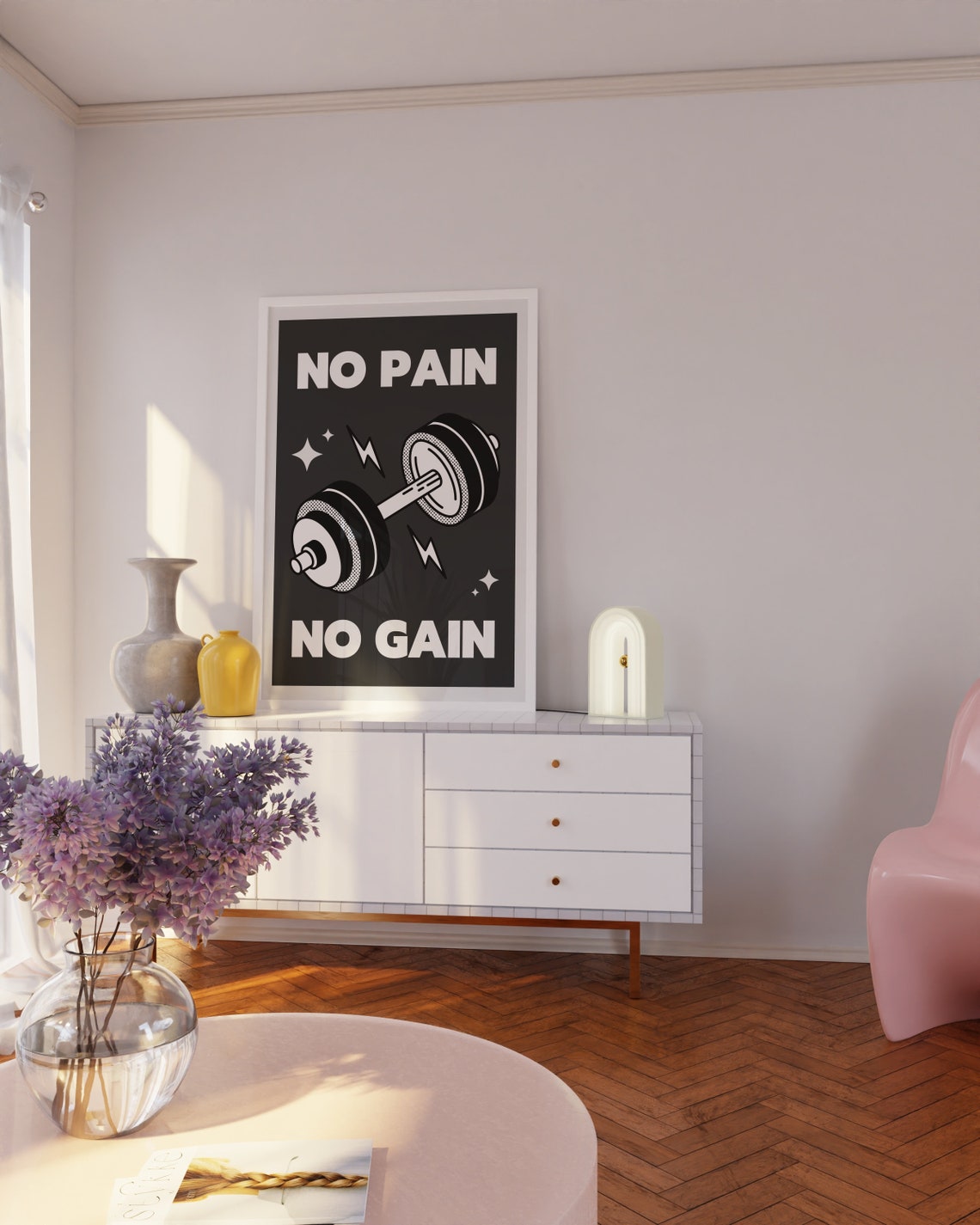 No Pain No Gain Dumbbell Black Bold Gym Motivation Workout Poster - Image 3