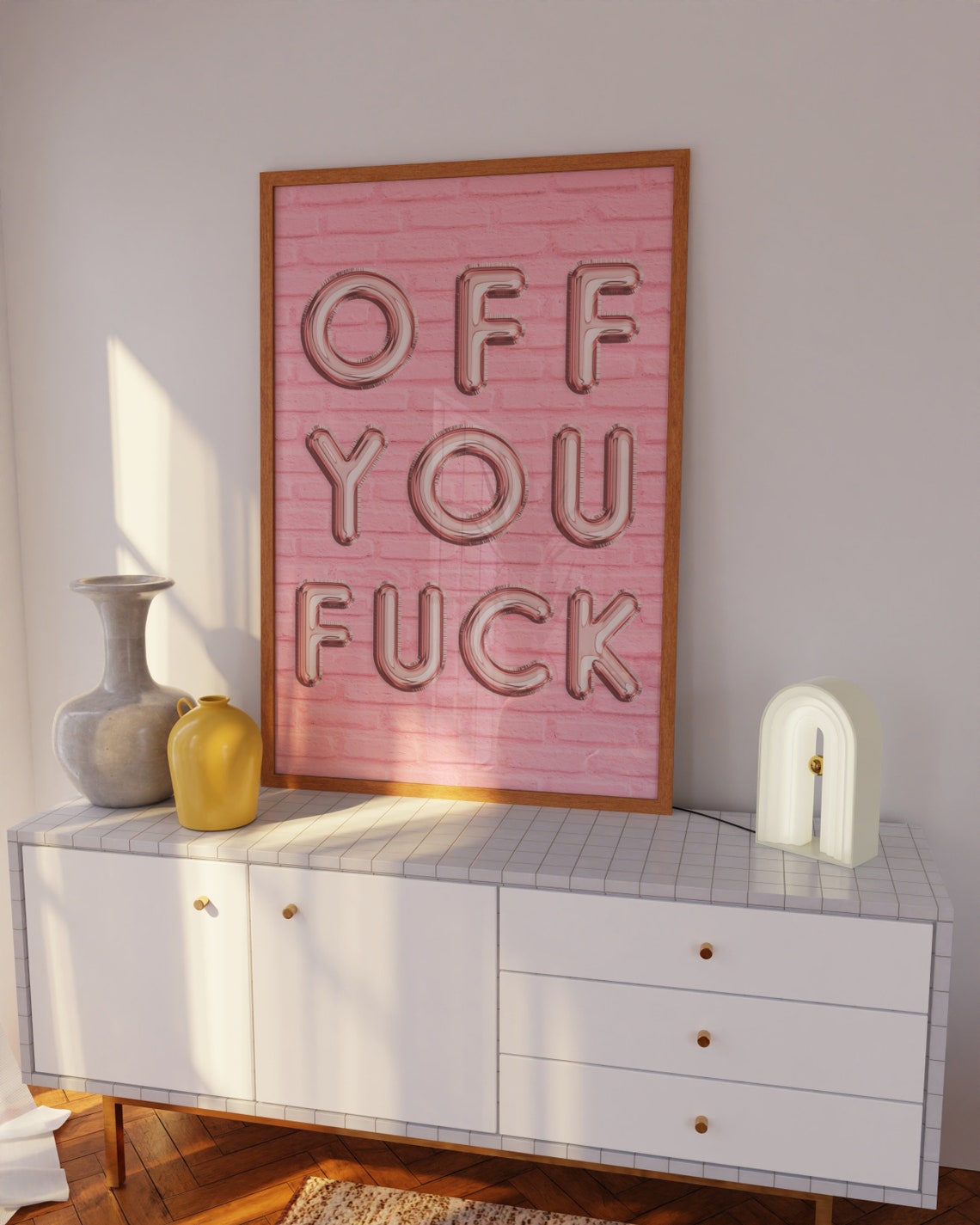 Off You Fuck Chrome Balloon Letters Pink Brick Bold Quote Poster - Image 2