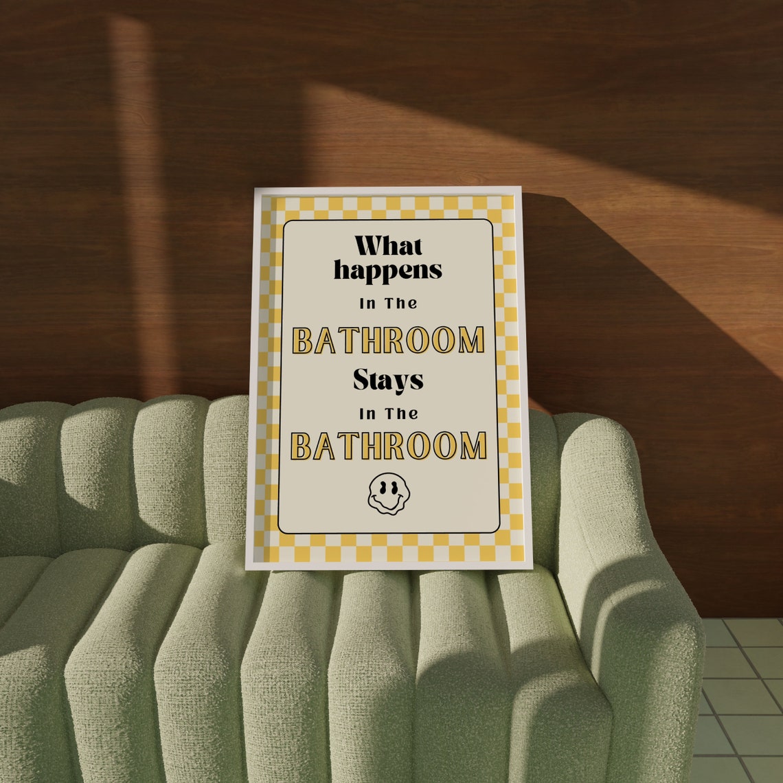What Happens In The Bathroom Stays Retro Yellow Quote Poster - Image 3