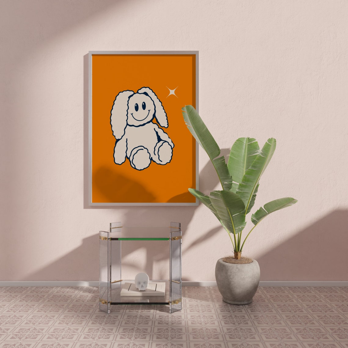 Cute Smiling Bunny Doll Orange Retro Nursery Animal Art Poster - Image 2