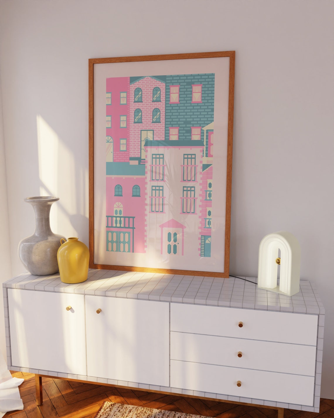 Cute Pastel Pink Teal City Buildings Geometric Apartment Poster - Image 2