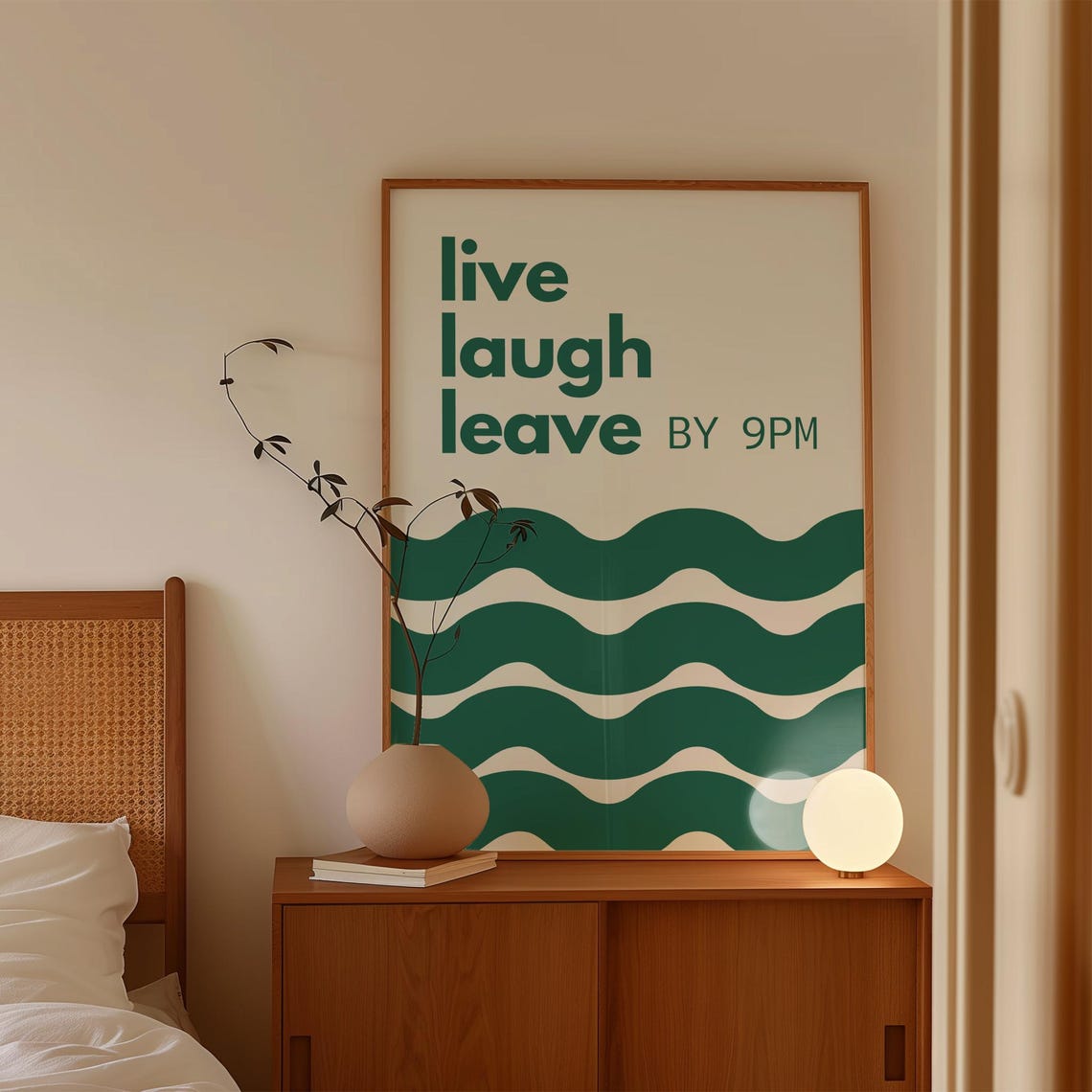 Funny Dorm Eclectic Live Laugh Leave By 9PM Green Wavy Abstract Poster - Image 2