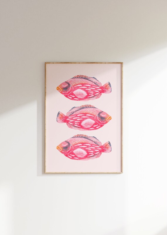 Pink Watercolor Fish Prints Cute Pastel Animals Poster Trendy Girly Wall Art Gen Z Wall Decor Colorful Nursery Print New Baby Gift