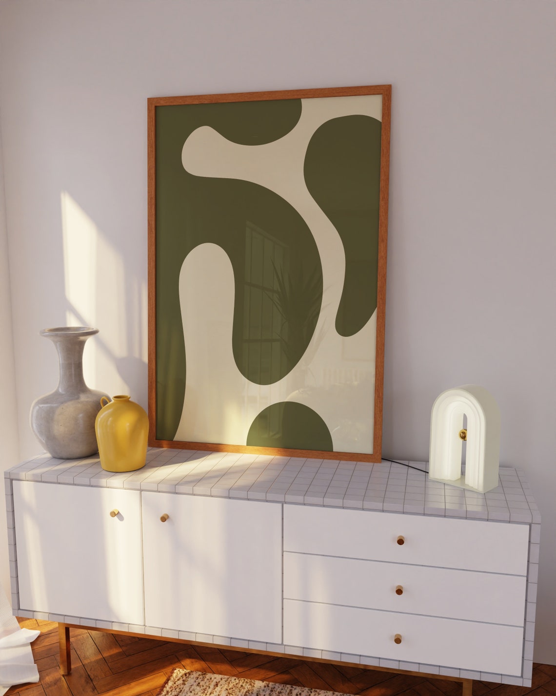 Olive Green Cream Abstract Organic Blob Mid Century Modern Poster - Image 2