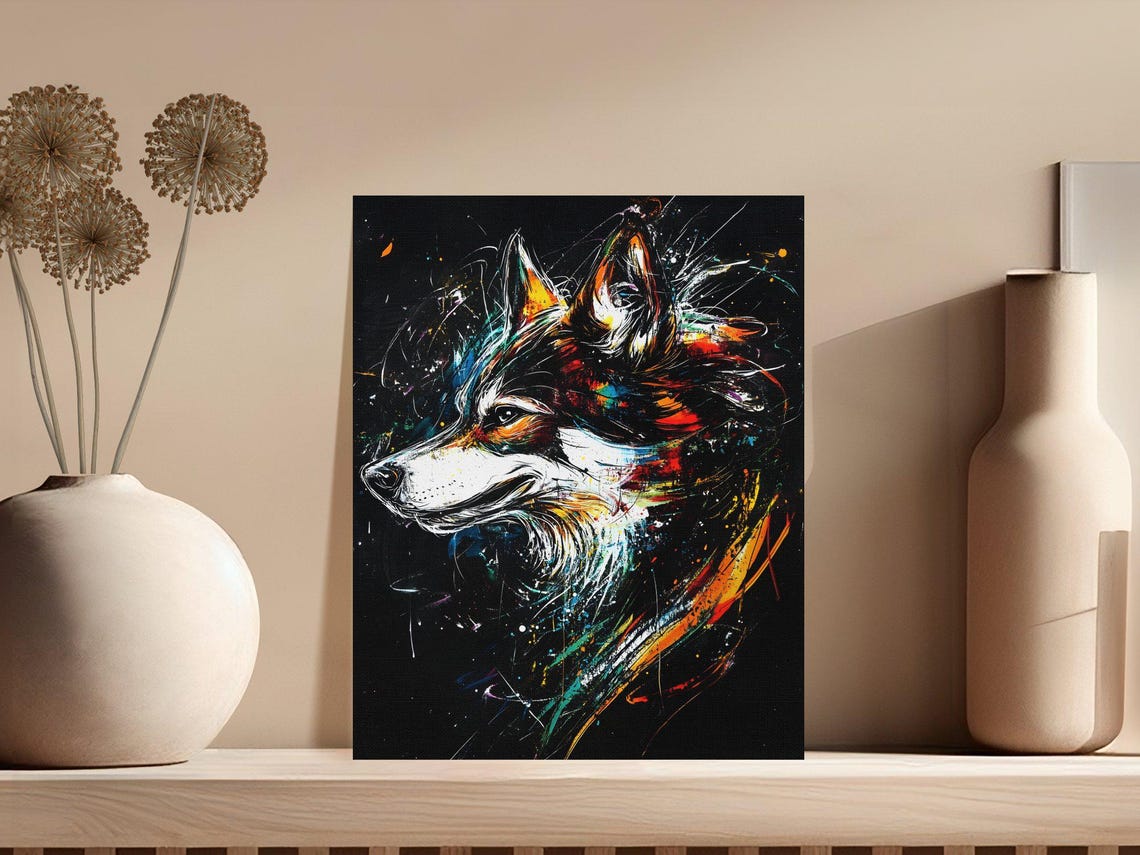 Colorful Husky Dog Profile Black Canvas Splash Art Wildlife Wall Art - Image 5