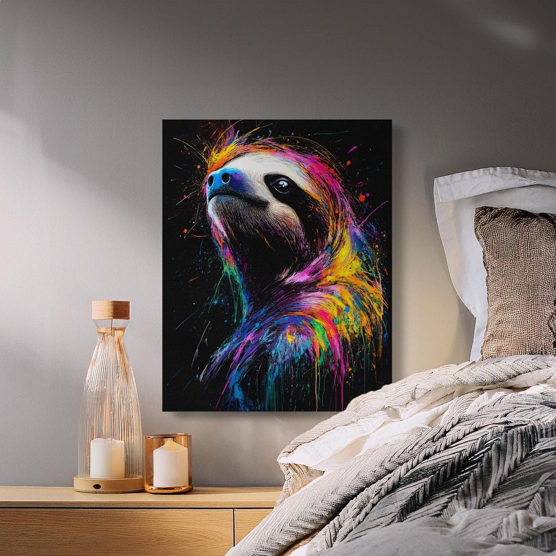 Dreamy Sloth Looking Up Rainbow Paint Splash Black Canvas Poster - Image 2