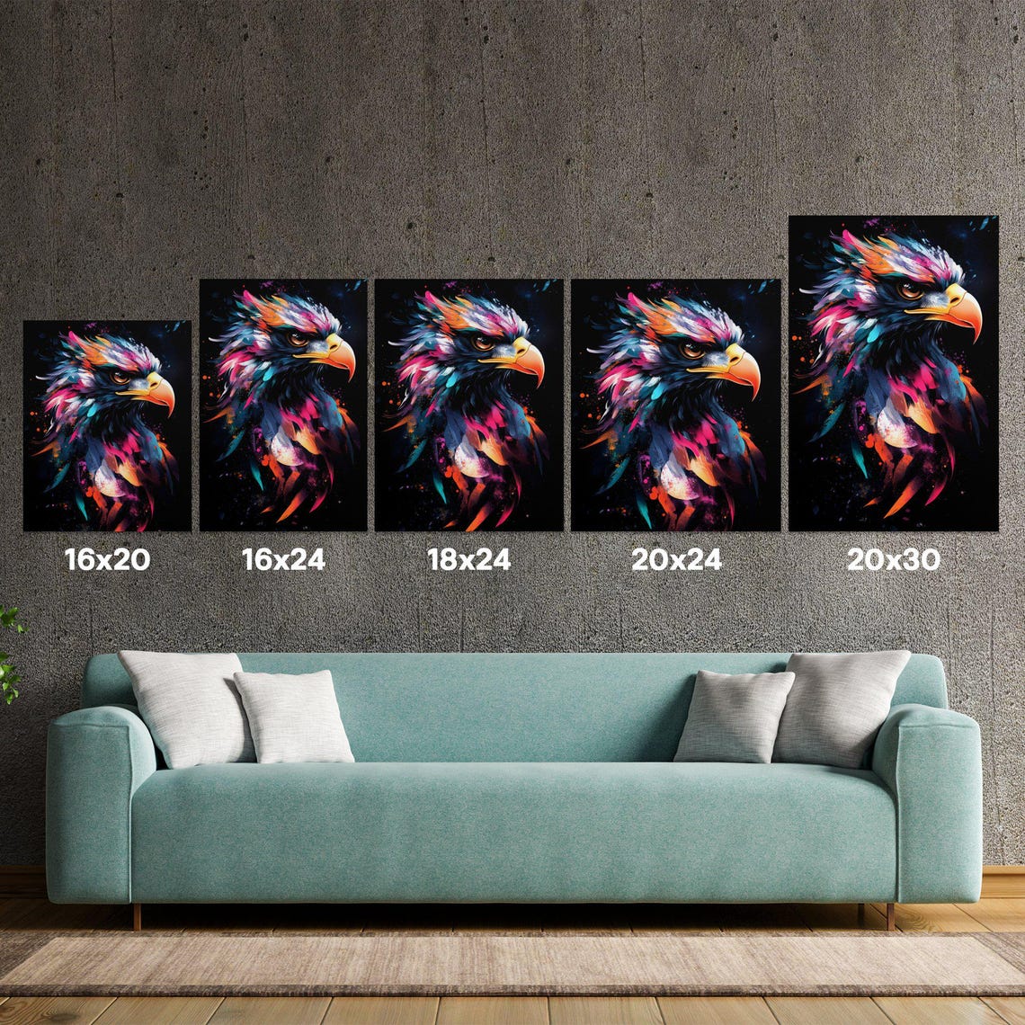 Majestic Eagle Portrait Pink and Teal Splash Black Canvas Poster - Image 5
