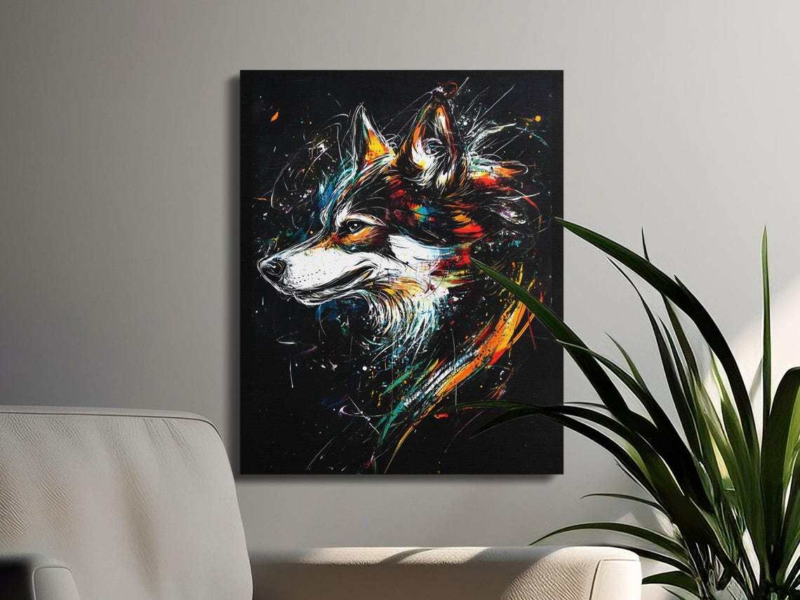 Colorful Husky Dog Profile Black Canvas Splash Art Wildlife Wall Art - Image 3