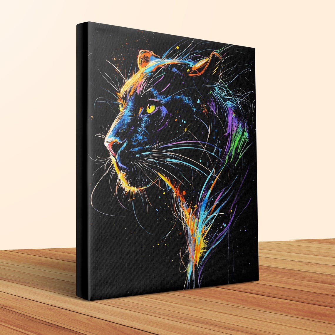 Black Panther Neon Splash Portrait Black Canvas Wildlife Poster
