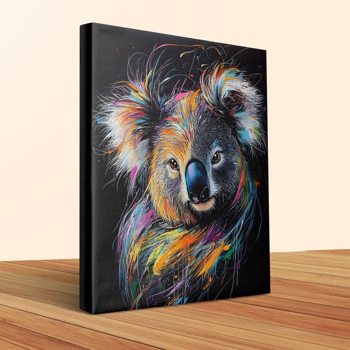 Colorful Koala Bear Portrait Rainbow Splash Black Canvas Poster