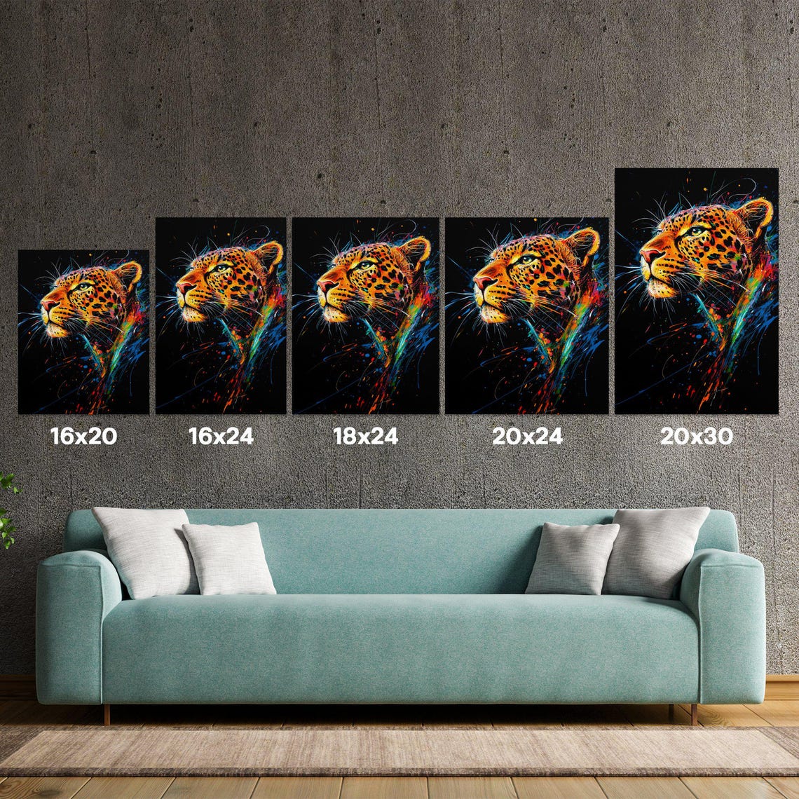 Colorful Leopard Portrait Splatter Paint Black Canvas Poster - Image 5