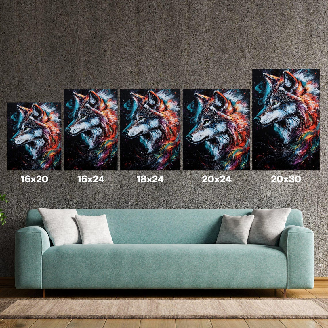 Fierce Wolf Profile Teal and Orange Splash Black Canvas Poster - Image 5