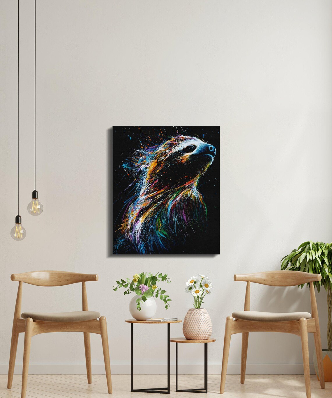 Sloth Profile Gazing Up Colorful Splash Black Canvas Wall Art - Image 4