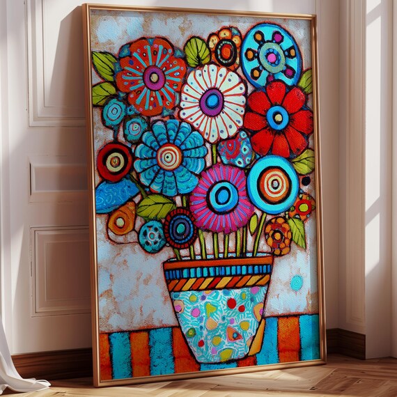 Whimsical Flower Pot Colorful Circular Blooms Folk Art Style Wall Poster