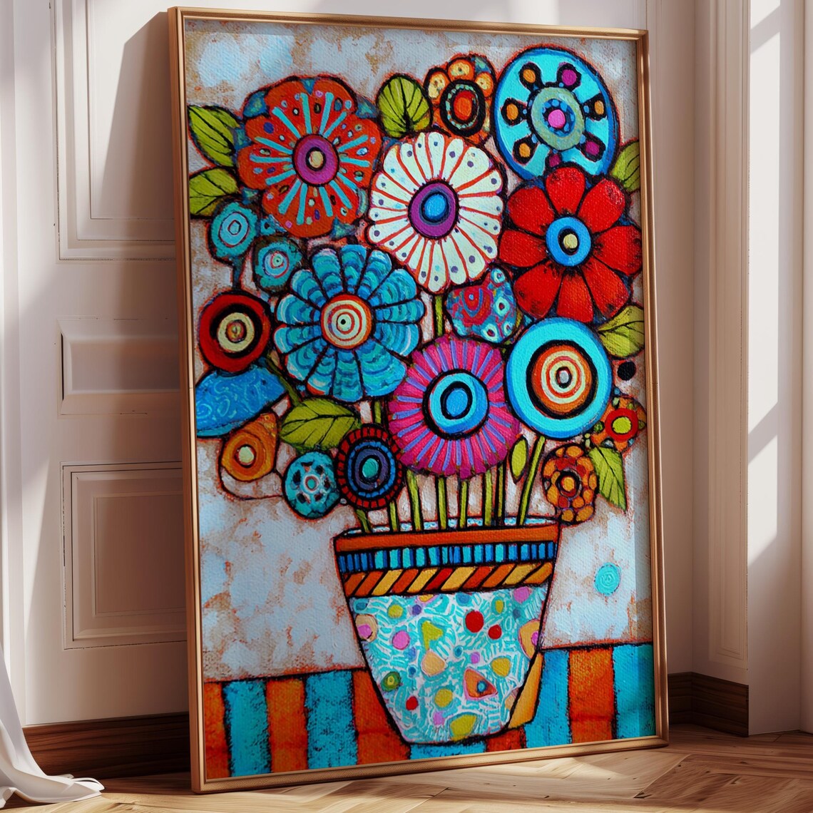 Whimsical Flower Pot Colorful Circular Blooms Folk Art Style Wall Poster