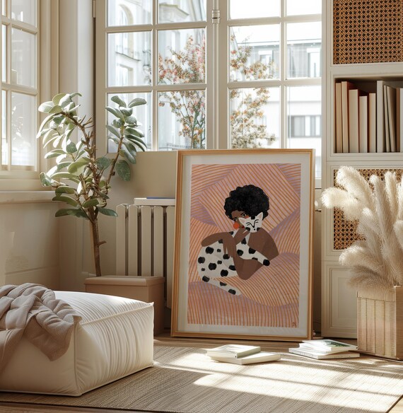 Girl Hugging Spotted Cat Line Art Cozy Boho Illustration Poster